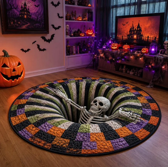 3D Skeleton Vortex Quilted Round Halloween Rug