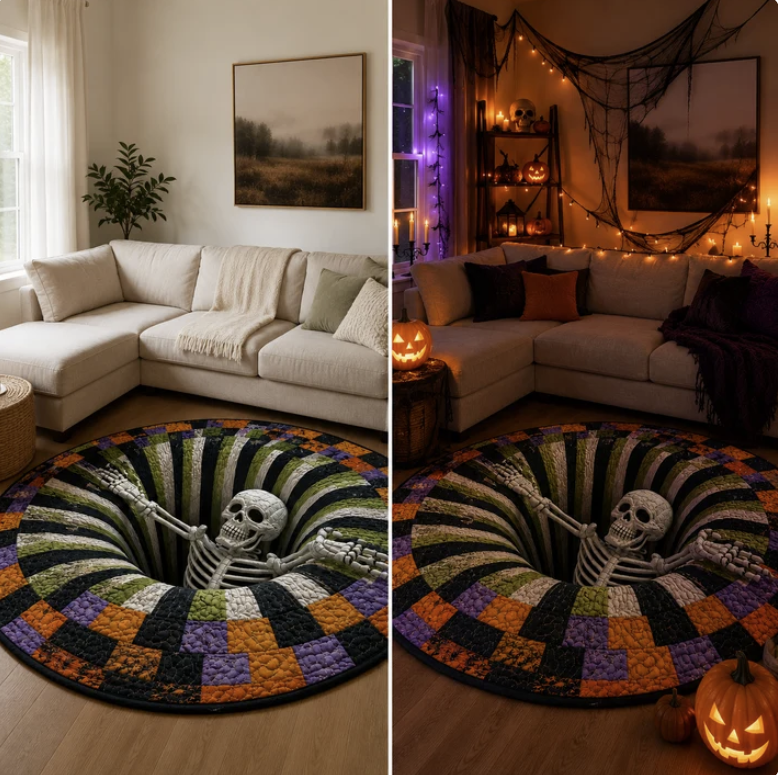 3D Skeleton Vortex Quilted Round Halloween Rug