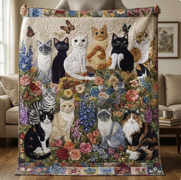 The Enchanted Cat Garden Quilted Blanket