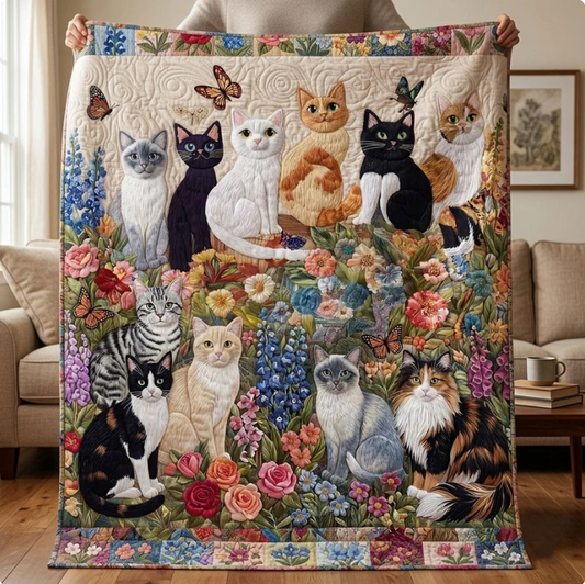 The Enchanted Cat Garden Quilted Blanket