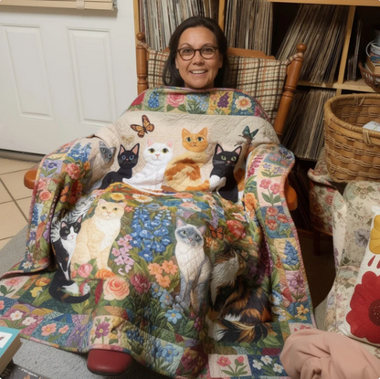 The Enchanted Cat Garden Quilted Blanket