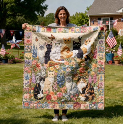 The Enchanted Cat Garden Quilted Blanket