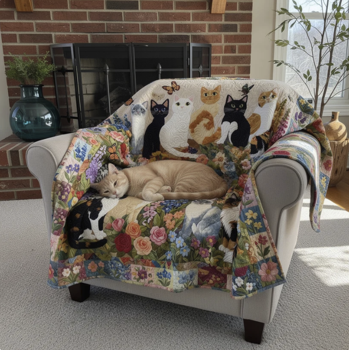 The Enchanted Cat Garden Quilted Blanket