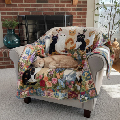 The Enchanted Cat Garden Quilted Blanket