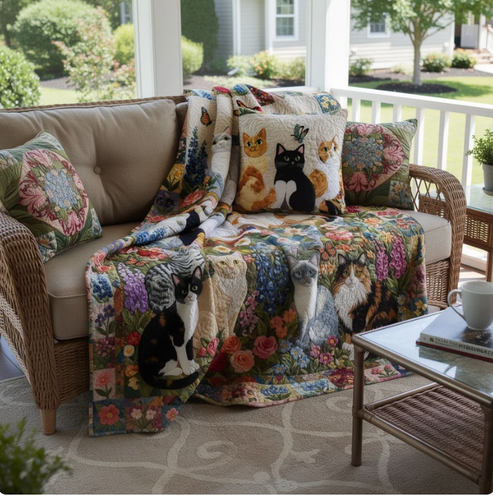 The Enchanted Cat Garden Quilted Blanket