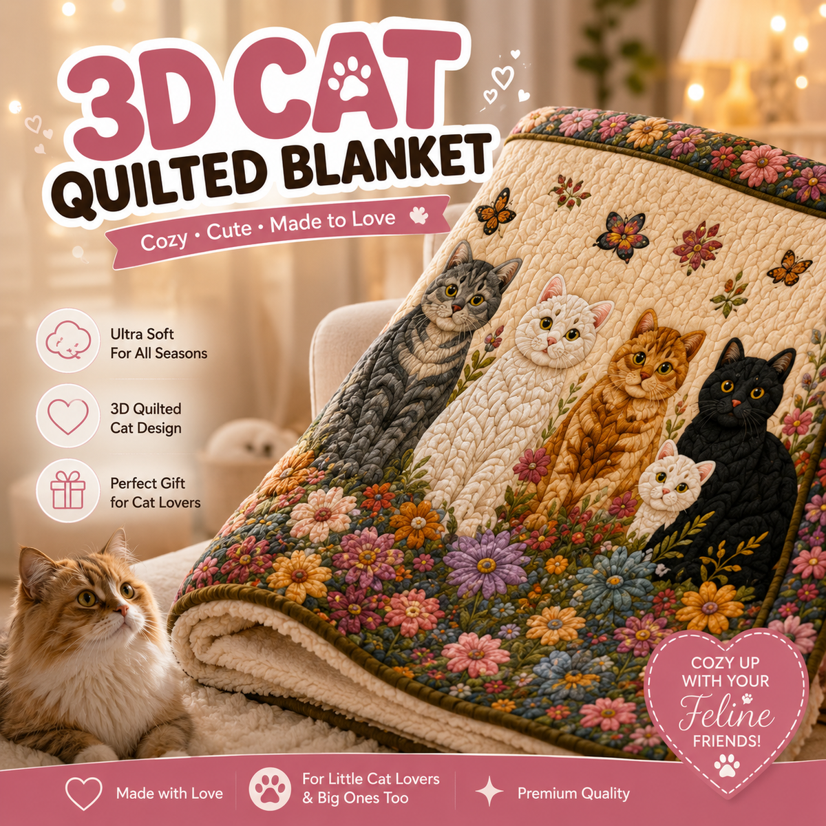 The Enchanted Cat Garden Quilted Blanket